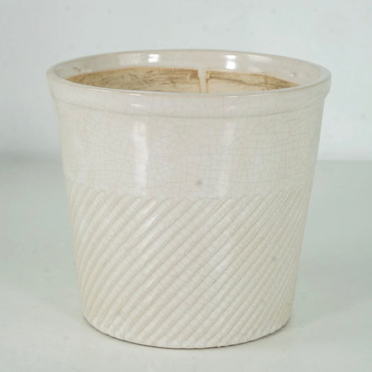 White Glazed Ceramic Round Pot - Diagonal Line Pattern