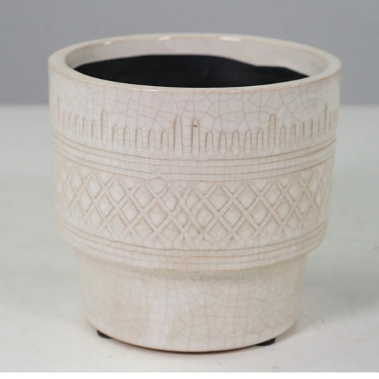 White Glazed Ceramic Pot - Diamond Pattern