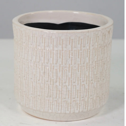 White Glazed Ceramic Pot - Vertical Line Pattern