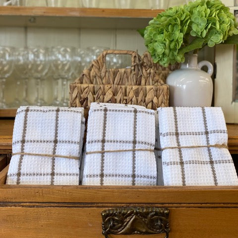 Dish Cloth Set of 2 - White and Taupe Stripe Waffle