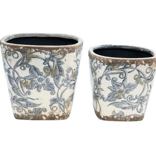 Glazed Ceramic Blue Floral Pot Small