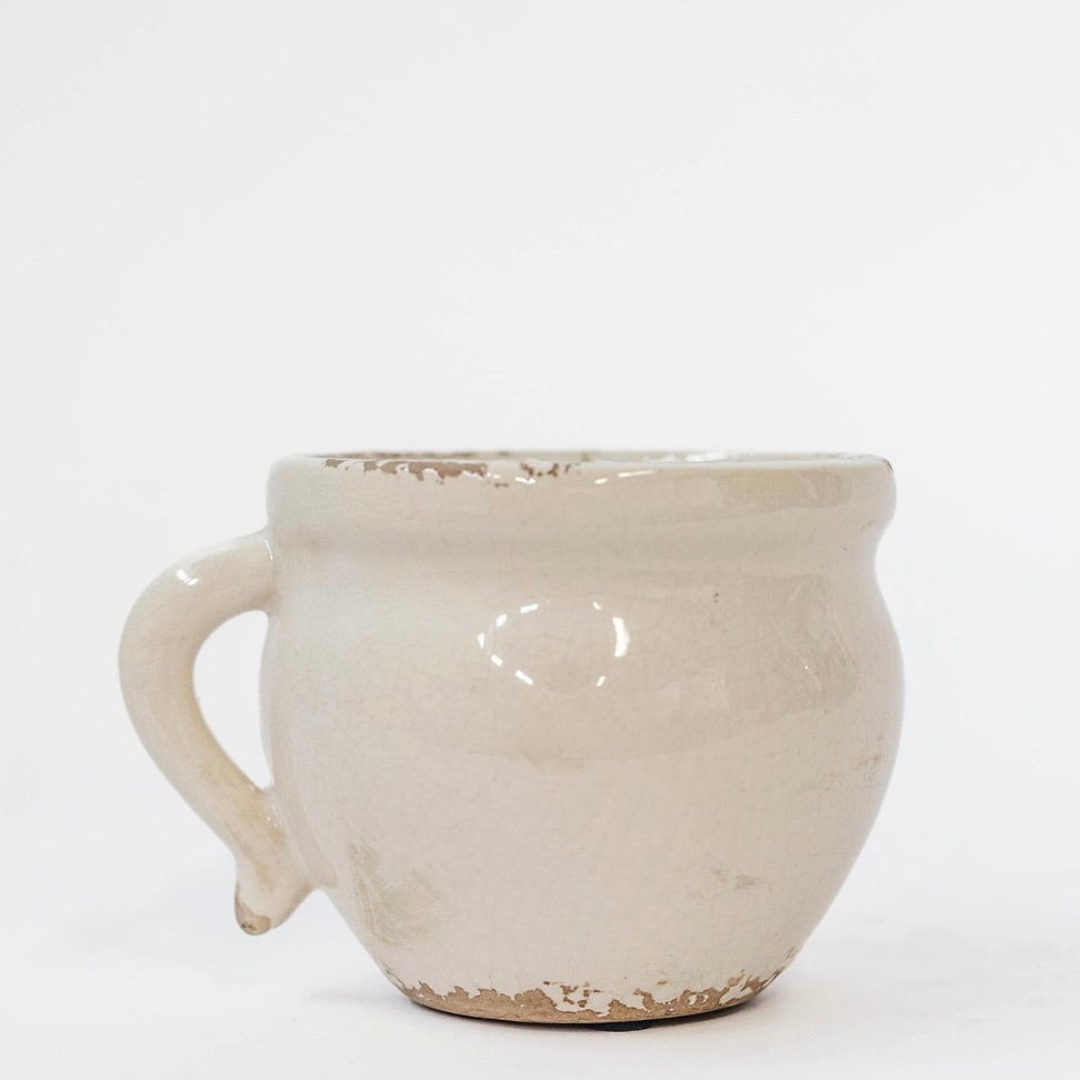 Glazed Antique Cream Ceramic Pot with Handle