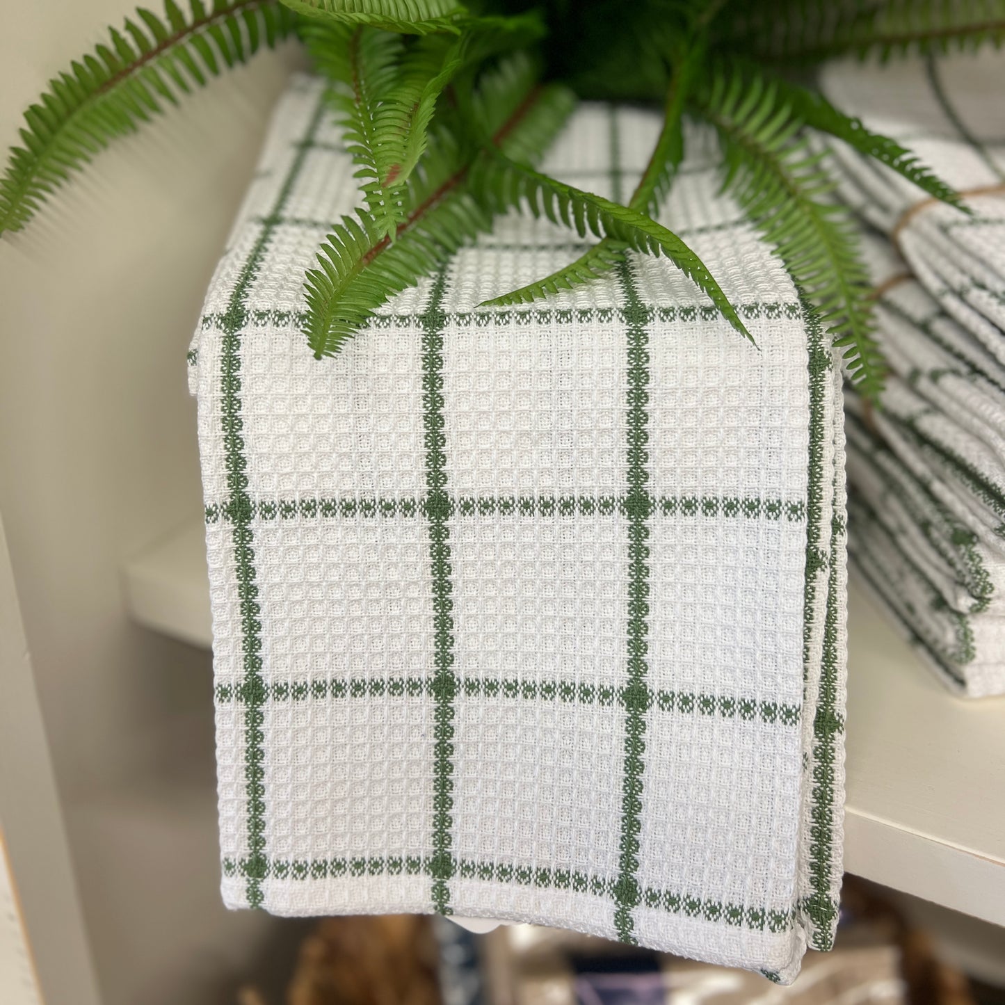 Tea Towel Waffle Check Moss Green